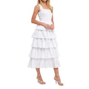 English Factory Smocked Bust Ruffle White Maxi Dress Women's Small Tiered NWT